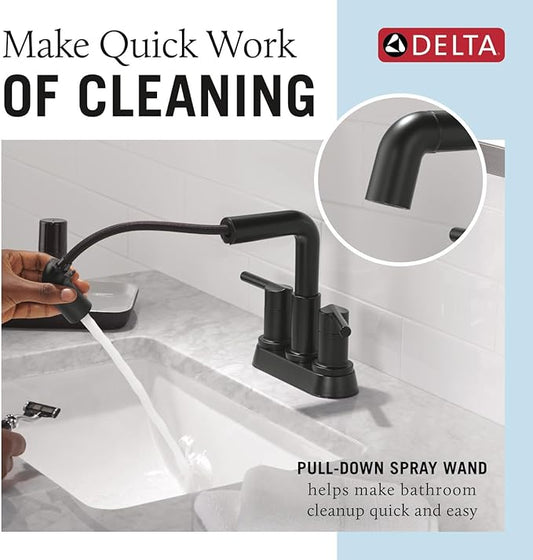 Delta Nicoli Centerset Matte Black Bathroom Faucet with Sprayer, 4 Inch 3 Hole Bathroom Sink Faucet with Pull Out Sprayer, Push-Pop Drain, Matte Black 25849LF-BLPD