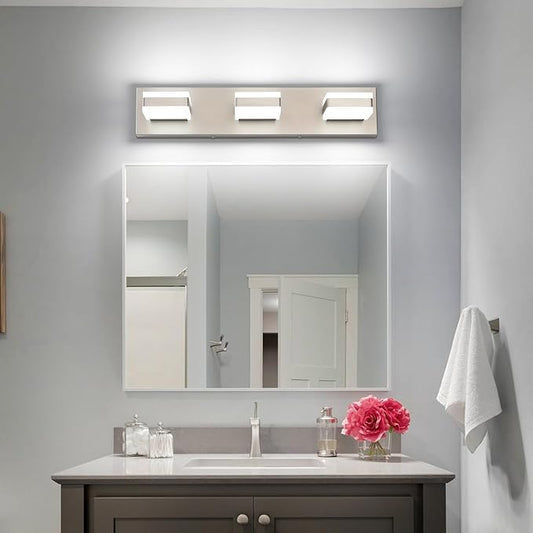 SOLFART Brushed Nickel Vanity Lights Over Mirror, 3 Light LED Bathroom Light Fixture, Vanity Light for Bathroom Modern LED Lights 6000K