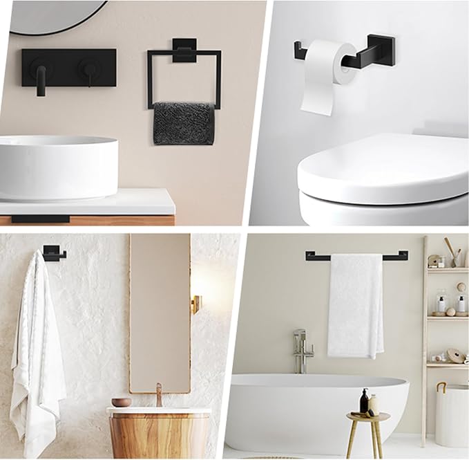 BOZWELL 5 Pieces Matte Black Bathroom Hardware Accessories Set Square Towel Racks for Bathroom 23.6 inch Stainless Steel Towel Bar Set Wall Mounted
