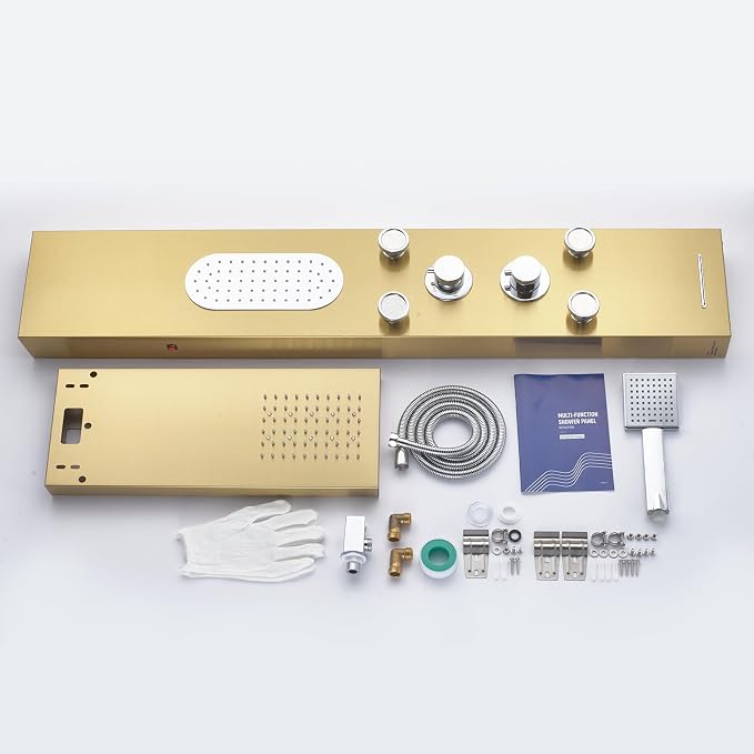 5-Jet LED Shower Panel Tower System Stainless Steel Brushed Gold | Rainfall head | 5 body jets | Handheld shower | LED lights | Brushed gold finish | Wall mount