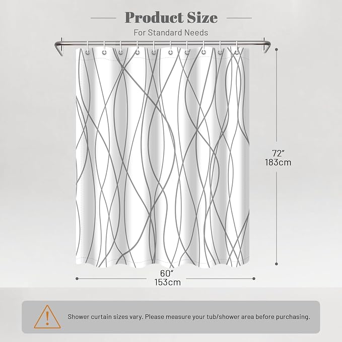 Striped Shower Curtain for Bathroom, Grey White, 60" W x 72" L | with Hooks, Modern Hotel Style, Water Repellent, Washable, Weighted Hem