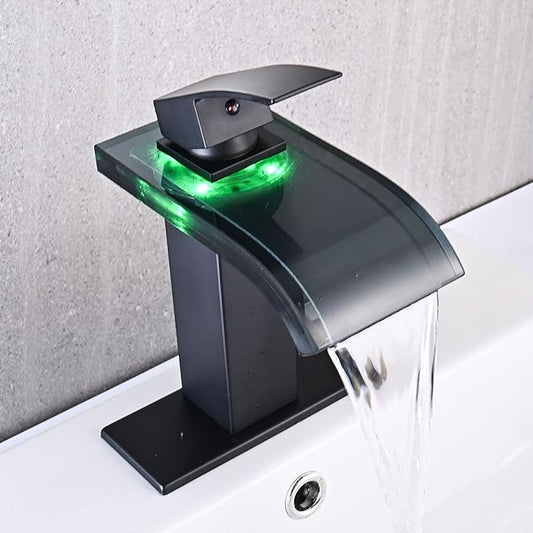 LED Bathroom Sink Faucet, Matte Black Waterfall Single Hole Handle Vanity Faucets for Sinks 1 Hole with Metal Pop Up Drain and 2 Water Supply Lines, Wide Glass Spout