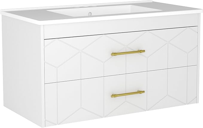 Garvee 36" Bathroom Vanity with Sink, Floating Bathroom Vanity with Ceramic Basin, 2 Large Storage Drawers with Gold Metal Handle, Modern Wall Mounted Bathroom Cabinet with Sink, White