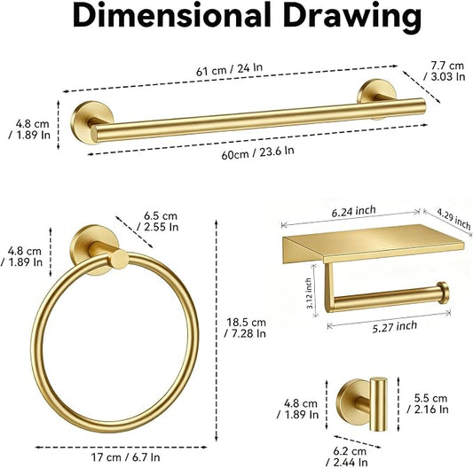 Gold 5-Piece Bathroom Hardware Set, 23.6 Inch Towel Bar Set SUS304 Stainless Steel Towel Racks for Bathroom Round Towel Bar, Towel Ring, Toilet Paper Holder, 2 Robe Hooks, Wall Mounted