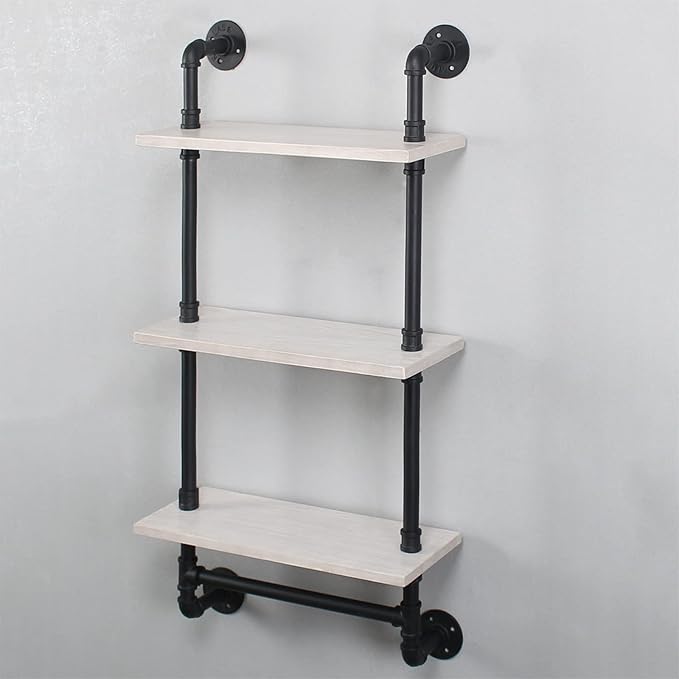 Bathroom Shelves Wall Mounted,19.6in Rustic Wood Shelf with Towel Bar,3 Tier Farmhouse Towel Rack Over Toilet,Pipe Shelving Floating Shelves Towel Holder,Black & White