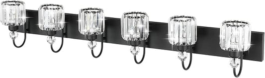 Ralbay Modern 6-Light Black Crystal Vanity Lights for Bathroom - Matte Black Crystal Wall Light Fixtures