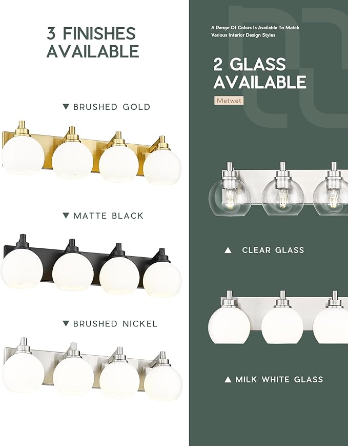 4-Light Brushed Nickel Bathroom Vanity Light, Milk Glass Globe Shade | 26" modern bathroom light fixtures over mirror, E26 base, bulbs not included, VL195-BN-ML-4