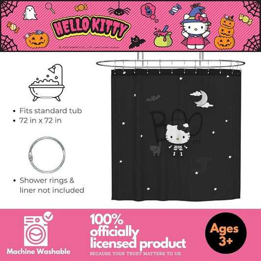 Sanrio Hello Kitty Skeleton Halloween 13-Piece Shower Curtain Set, 72 x 72 Inch Fabric Curtain with Hooks, Bathroom Decor, Machine Washable, (100% Officially Licensed Product) by Franco Collectibles
