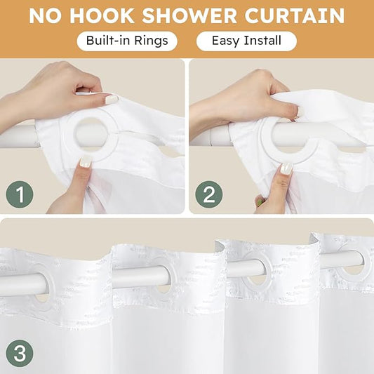 FADOTY White No Hook Shower Curtain Set with Snap in Liner, 71'' x 86'' | Bathroom Hotel Fabric Curtain, Waterproof Washable Liner, See Through Top Window, Ringless Chevron Tufted Cloth Curtain