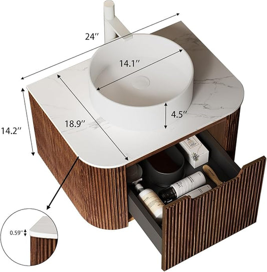 Yayzy 24" Floating Bathroom Vanity with Sink, Solid Wood Fluted Cabinet, White Round Ceramic Basin & Faux Marble Top, Soft-Close Drawer, Pre-Assembled, Walnut Woodgrain