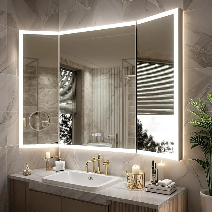 48"x36" Trifold LED Bathroom Mirror with Lights & Removable Magnifier, 180° Foldable, Front & Back Lit, Stepless Dimming, Adjustable Color Temperatures, Anti-Fog, Wall Mounted