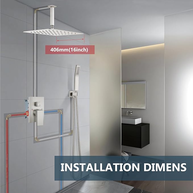 Aolemi Ceiling Shower Faucet with Handheld 16 Inch Head Brushed Nickel | Shower Valve and Trim Kit,SUS304 Rain Head and Handle Set System,All Metal,Bathroom, Handheld Spray