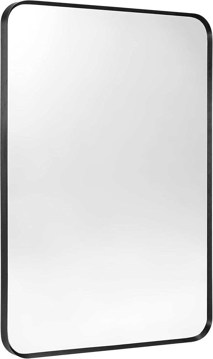Black Bathroom Mirror 24x30in, Metal Framed Rounded Rectangle Wall | Tempered Glass, Anti-Rust Frame, Hangs Horizontal or Vertical, HD Reflection Clarity