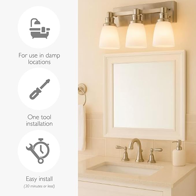 Design House Atkinson Vanity Light, 3-Light, Frosted White Glass Shades, Dimmable, Up/Down Mountable, E26 Socket, Satin Nickel, 23.3 in L x 7.4 in W x 8.6 in H, 589523