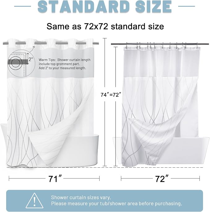 Ombre Grey White No Hook Shower Curtain with Liner, 71 x 74 Inch | Stripe Pattern,Waterproof,Quick Dry,Mesh Top Window,Bottom Magnets,Hotel Style,Machine Washable,Modern,for Bathroom