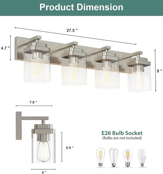 Brushed Nickel Bathroom Light Fixtures, 4 Lights Bathroom Lighting Fixtures Over Mirror, Square Design & Rectangle Large Backplate, Modern Vanity Lighting Fixtures, for Living Room/Bedroom
