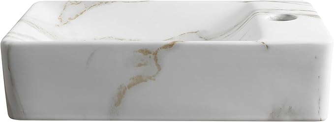 JONATHAN Y SNK1004C-R Felix 15 in. W x 8 in. D Modern Wall Mounted Rectangular Ceramic Mini Sink Basin, Right-Side Faucet, White Marble Effect