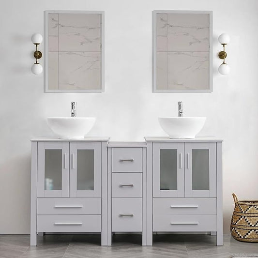 UEV 60" Modern Bathroom Vanity Set in Grey, Double Bathroom Vanities with Sink Combos and Removable Side Cabinet, Bathroom Vanity Set for Bathroom & Toilet,Mirror Not Included (A06)