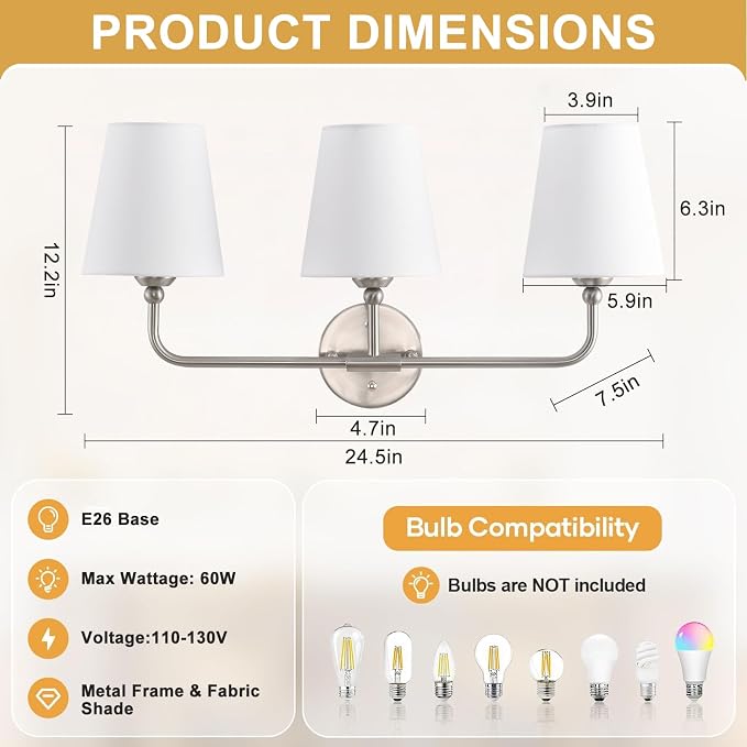 Bathroom Light Fixtures, 3-Light Brushed Nickel Vanity Lights, 25" Bathroom Lighting Fixtures Over Mirror with White Flared Fabric Shade, Modern Wall Sconces for Bathroom Bedroom Living Room Hallway