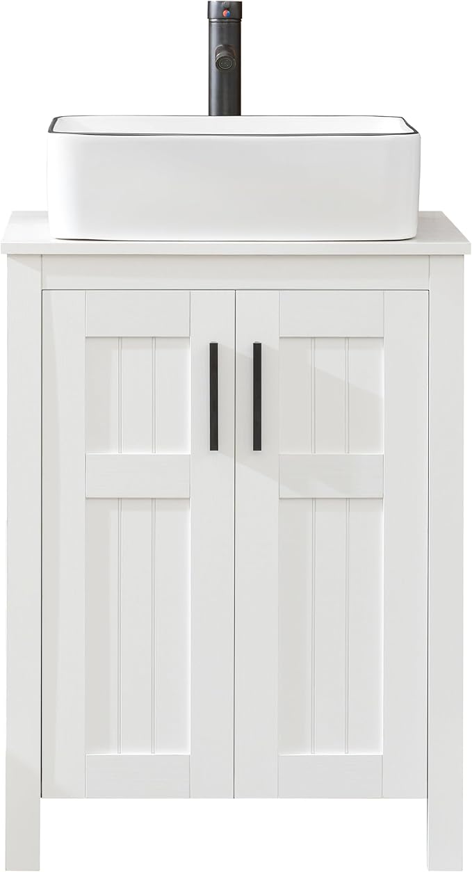 UEV White 24" Bathroom Vanity with Sink Combo,Modern Freestanding Sink Cabinet,Stylish Bathroom Vanity Cabinet,Grooved Double Doors,Metal Handles,with Modern Artistic Ceramic Vessel Sink Combo(031WH)