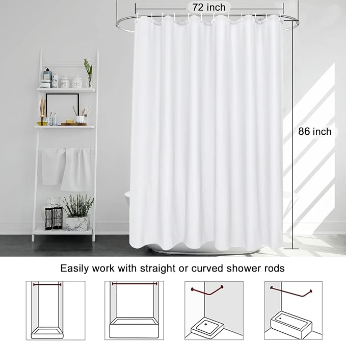 EurCross Extra Long Shower Curtain Liner 72 x 86 inch, White Fabric Shower Curtains for Spa Hotel Bathroom, Water Repellent, Machine Washable, 86 Inches Long