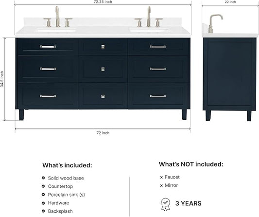 ARIEL Monroe 72-inch Bathroom Vanity with Sink,Solid Wood, 1.5-inch Carrara White Quartz Countertop & Backsplash, Double Oval Porcelain Sink, 9 Dovetail Drawers, Brushed Nickel, Midnight Blue
