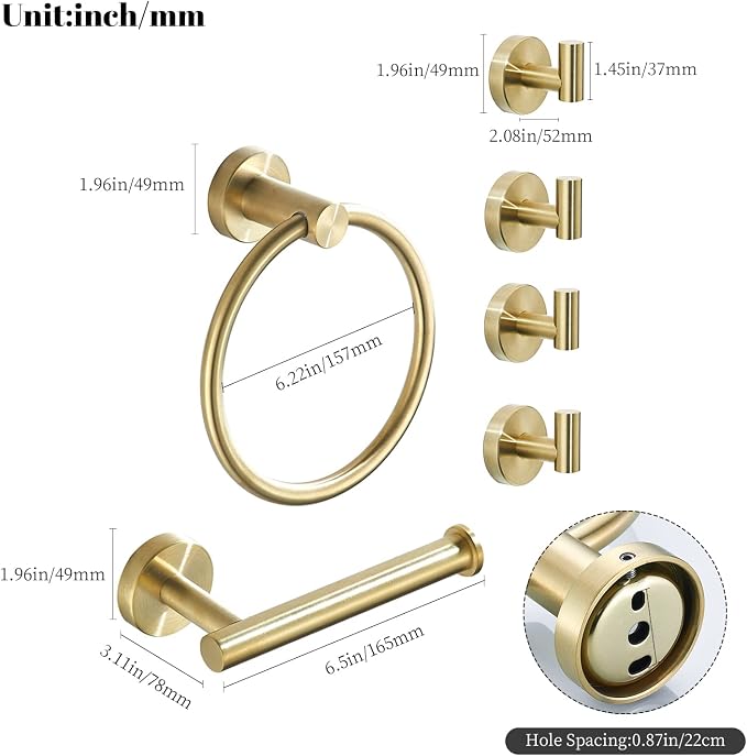 Brushed Gold Bathroom Hardware Set, Gold Toilet Paper Holder Towel Ring and 4 Robe Hooks Hand Towel Holder Bathroom Accessories Kit Wall Mount Stainless Steel, 6 Pieces