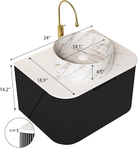 Yayzy 24" Floating Bathroom Vanity with Sink, Solid Wood Fluted Cabinet, White Marble-Patterned Ceramic Basin & Faux Marble Top, Soft-Close Drawer, Pre-Assembled, Gloss Black