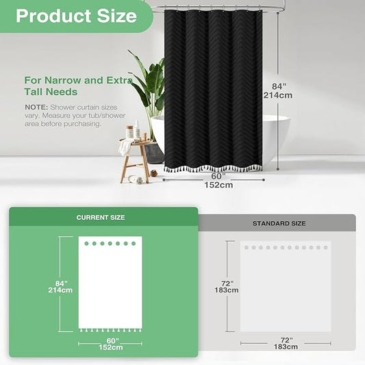 Dynamene Stall Shower Curtain and Liner Set - 60 x 84 inch Long Boho Shower Curtain and Waterproof Clear Liner, Tufted Chevron Striped Tassel Shower Curtains for Bathroom, 10 Hooks, 60x84, Black