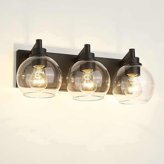 Bathroom Light Fixtures, 3-Light Matte Black Vanity Light, Modern Wall Sconces with Clear Glass Globe Shade, Bathroom Wall Lights for Mirror Kitchen Bedroom Hallway, VL195-MB-3 | 18" modern bathroom light fixtures over mirror, E26 base, bulbs not inclu...
