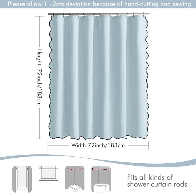 MIULEE Fog Blue Scalloped Linen Shower Curtain 72x72 Inches | Linen Textured, Waterproof, Washable, 12 Metal Hooks, Heavy Duty Cloth, Black Border, Shower Curtain for Bathroom Bathtub