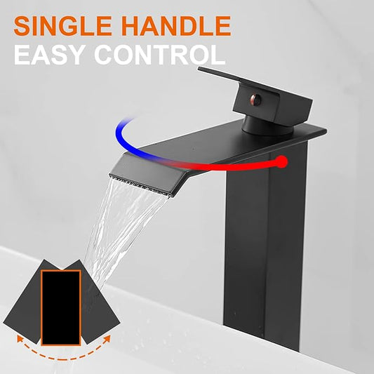 Black Bathroom Vessel Sink Faucet, Waterfall Bathroom Faucet, Vessel Faucet, Tall Body High 1 Hole Single Handle with Pop Up Drain Without Overflow Combo