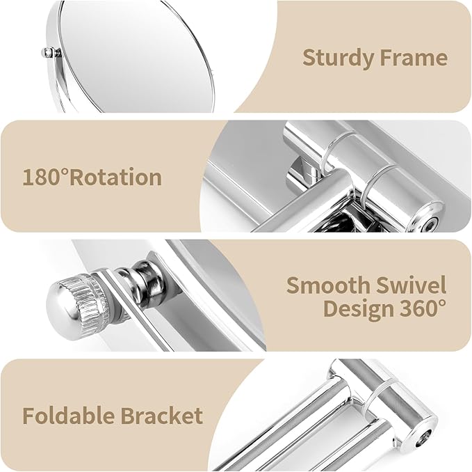 8” Wall Mounted Magnifying Makeup Mirror 1X/7X Wall Mount Mirror Swing Arm Two-Sided 360° Swivel Bathroom Shaving Mirror for Men and Women in Hotel/Home, Chrome