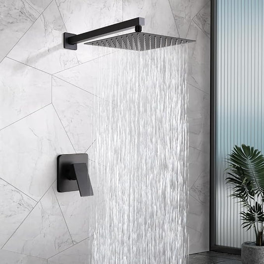Matte Black Shower Faucet Set, Bathroom Rainfall Shower System with Stainless Steel Metal Showerhead, Single Function Shower Trim Kit with Rough-in Valve