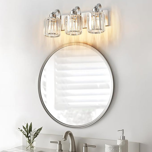 Modern Vanity Light 3-Lights Brushed Nickel Vanity Light Crystal Bathroom Wall Light Bathroom Light Fixtures with Round Shade (Exclude Bulb)