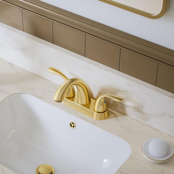 Brushed Gold 4 Inch Centerset 2 or 3 Holes 2 Handle Bathroom Faucet, Bathroom Faucet with Copper Pop Up Drain and Water Supply Lines, BF008-5-BG