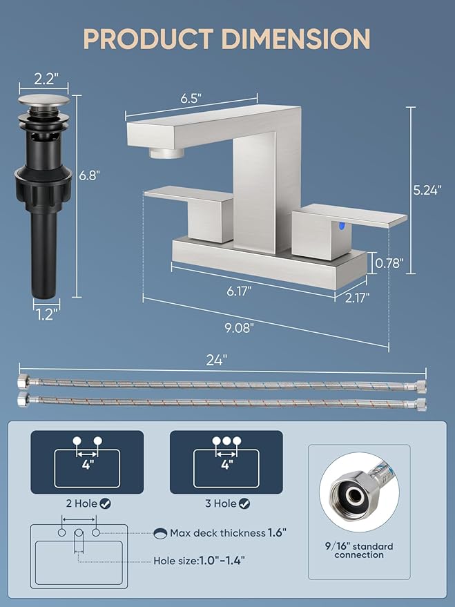 Cobbe Bathroom Faucets for Sink 3 Hole, Brushed Nickel Bathroom Sink Faucet Square 4 Inch Centerset with Pop-Up Drain, 2 Handle and 2 Supply Hoses, Lead-Free Stainless Steel for Vanity, Rv, Farmhouse