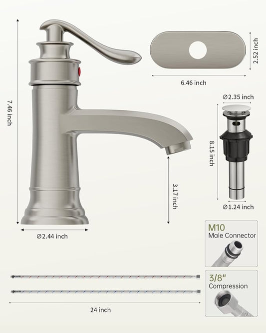 Brushed Nickel Bathroom Faucet Brass Single Handle Bathroom Sink Faucets | Single Hole Farmhouse Faucet Vanity Lavatory RV with Overflow Pop Up Drain Mixer Tap Commcercial Rustic by BATHLAVISH