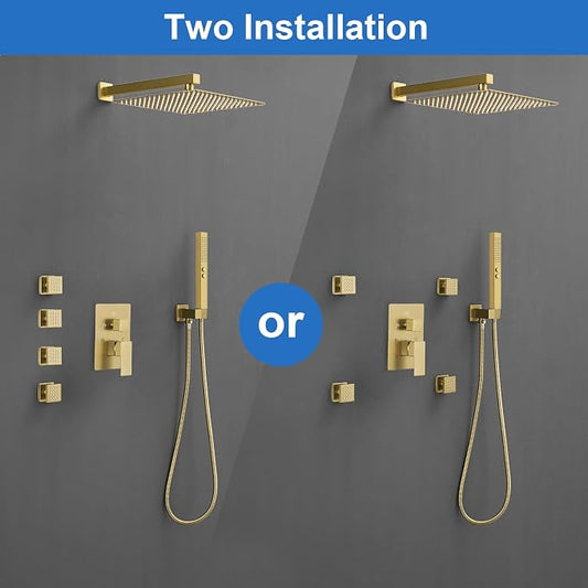 RUMOSE Rainfall Shower System with 4 Full Body Jet 4 Mode Shower Faucet Set | 12 Inch Rain Shower Head, 2 in 1 Handheld Spray, Brushed Gold Brass Shower Jet Shower Fixtures, Wall Mounted
