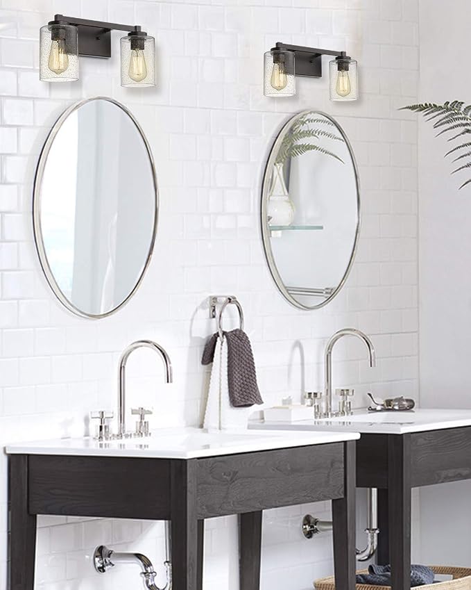 Beionxii 16In Farmhouse Bathroom Light Fixtures,Rustic Vanity Light Fixture | 2-Light Bathroom Vanity Light Fixture, Seeded Glass Shade, Oil Rubbed Bronze Over Mirror for Bathroom Living Room, BXMB9002-2