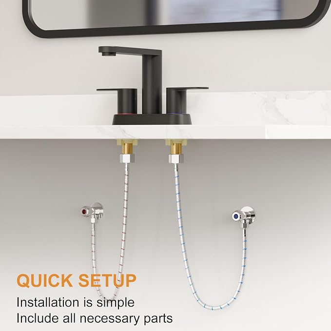 BWE Matte Black Bathroom Faucets 4 Inch Centerset Faucet for Bathroom Sink | 2 or 3 Hole Basin 2-Handle 360° Swivel Spout Bathroom Sink Faucet with Pop up Drain Water Supply Hose for Farmhouse Vanity RV