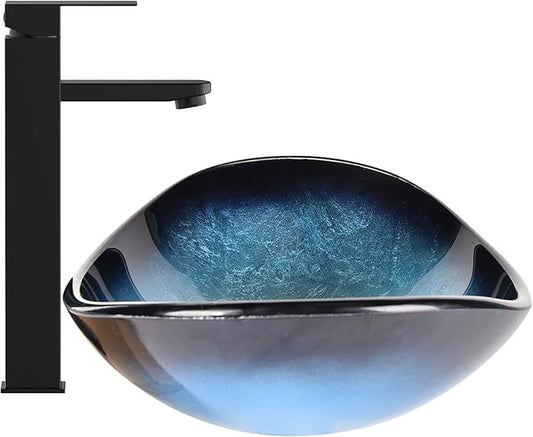 Bathroom Boat Shape Artistic Glass Vessel Sink Free Black Faucet and Pop-up Drain Set, Blue