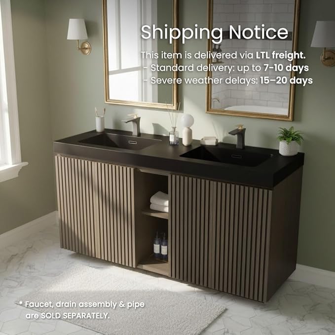 60" Double Bathroom Vanity with Sink Combo, Mid Century Modern Bathroom Cabinet with Doors & Shelves, Black Integrated Sink with Overflow, Smoked Oak