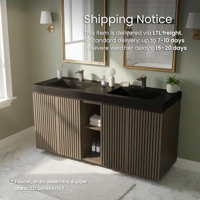 60" Double Bathroom Vanity with Sink, Mid Century Modern Bathroom Cabinet with 4 Doors & Shelves, Matte Black Integrated Sink with Overflow, Smoked Oak