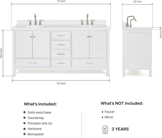 ARIEL Cambridge 72-inch Bathroom Vanity with Sink,Solid Wood, 1.5-inch Pure White Quartz Countertop & Backsplash, Double Oval Porcelain Sink, 4 Soft Closing Doors, 6 Dovetail Drawers, White