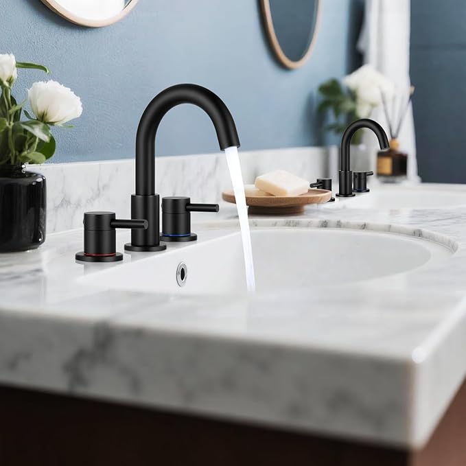 FGKQ 3-Hole 2-Handle Widespread Bathroom Sink Faucet, Matte Black | Stainless steel, pop-up drain included, 360°swivel spout, for vanity sink 3-hole mount, 8-in widespread