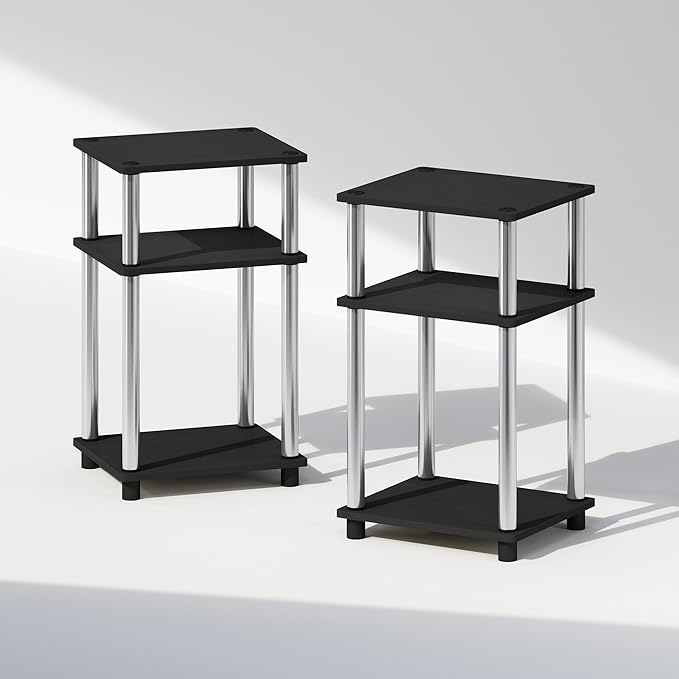 Furinno JUST Set of 2 Toolless 3-Tier Night Stand, Americano | Compact, Narrow, Open Storage Bedside Table, End Table, Side Table, Stainless Steel, for Bedroom, Dorm