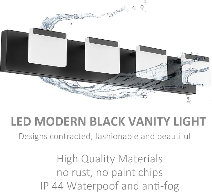 Ralbay 4 Light Black Bathroom Vanity Light Fixtures Acrylic Matte Black Vanity Light Fixtures LED Modern Bathroom Vanity Lights Over Mirror