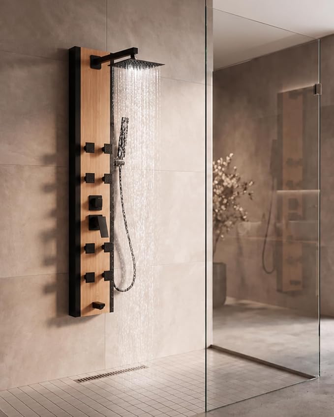 BWE Stainless Steel Shower Panel Tower System Black and Bamboo 8 Jets | Multi-Function Shower Panel System with Handheld Wand Wall Mount Shower Column Rainfall Shower Head Sprayer
