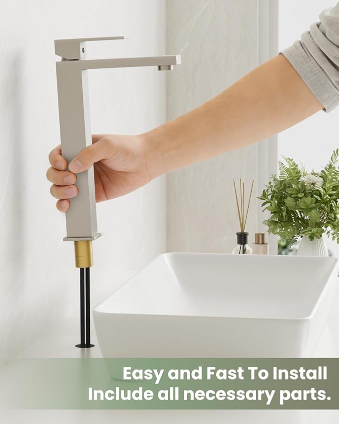 gotonovo Bathroom Vessel Sink Faucet with Pop Up Drain, Brushed Nickel | Tall Bathroom Faucet 1 Hole Single Handle, Modern Square Body, cUPC Water Supply Line, SUS304, for Basin Vanity Restroom Rv